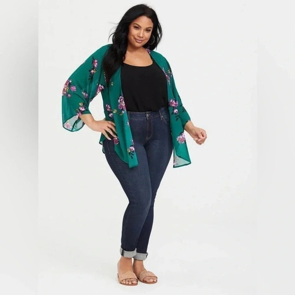 Torrid | Spring Sprung Stripe Green Floral Chiffon Kimono Size M (00) Medium - Picture 4 of 5
